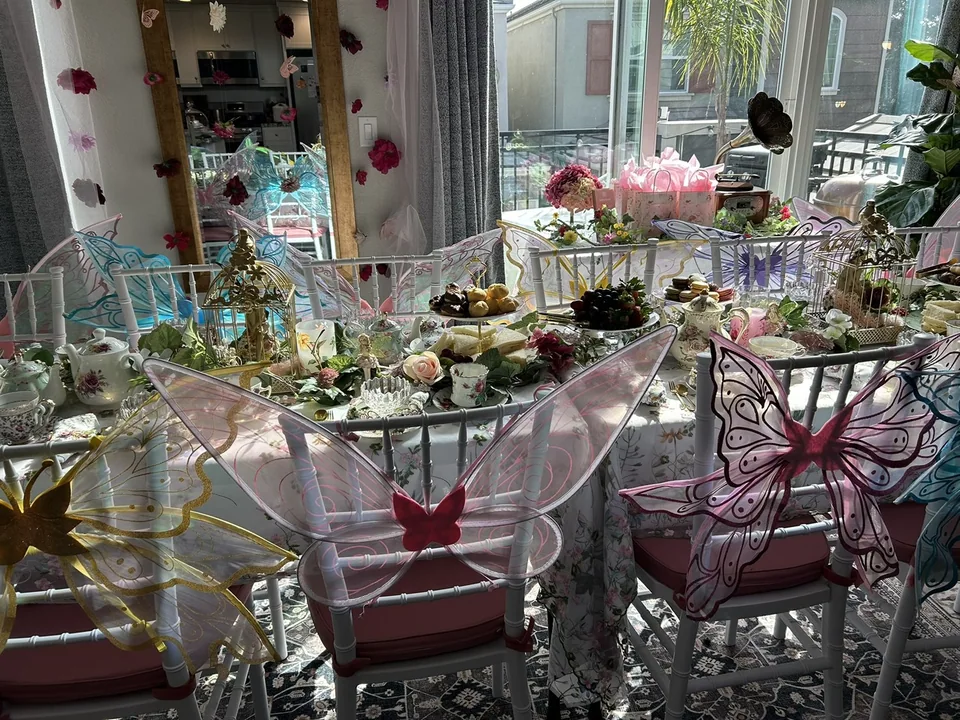 Fairy party room with pastel wings on the chairs
